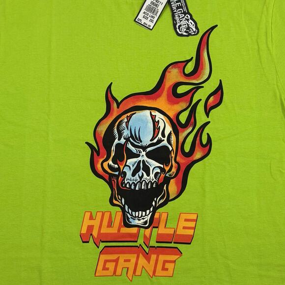 Hustle Gang Vengeance Skull Tee 2XL Acid Lime Graphic Streetwear Flame Logo NWT - Picture 9 of 15